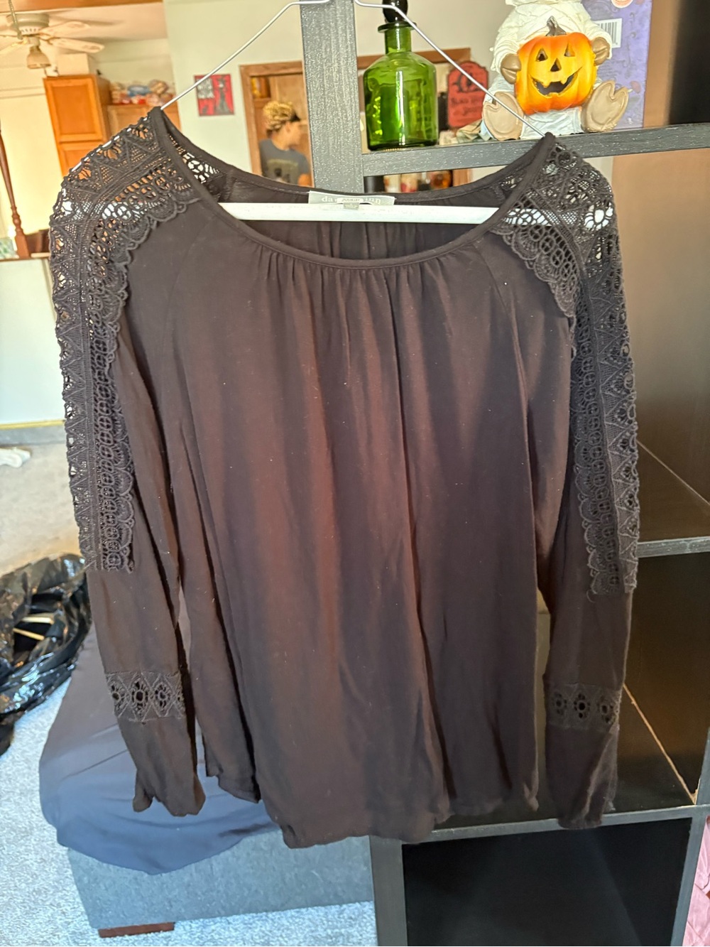 Daniel Rainn Black Long-Sleeve Blouse with Lace Insets